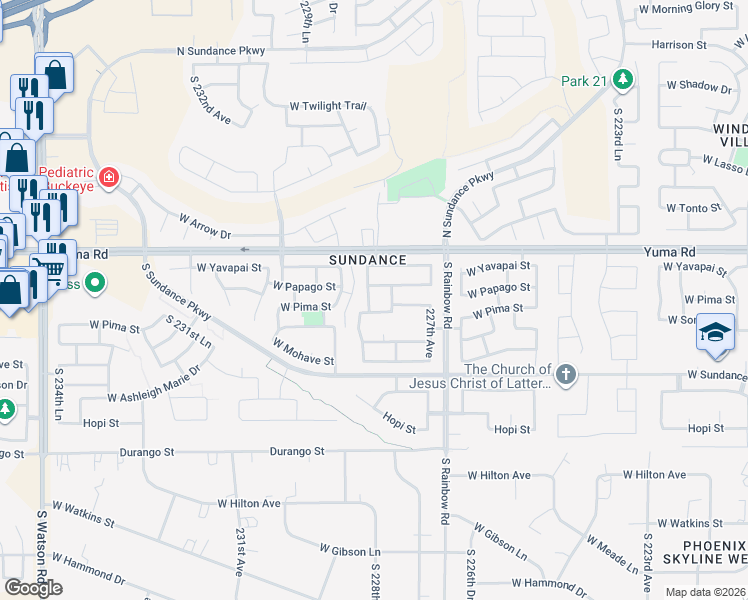 map of restaurants, bars, coffee shops, grocery stores, and more near 22832 West Pima Street in Buckeye
