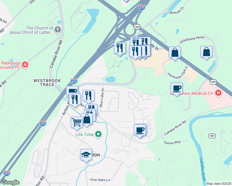 map of restaurants, bars, coffee shops, grocery stores, and more near 4545 Pine Tree Circle in Vestavia Hills