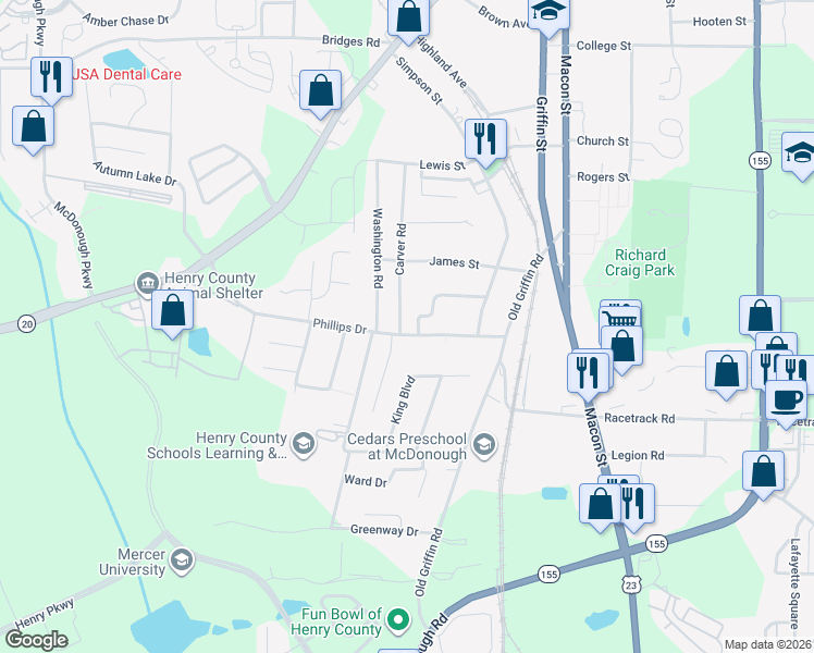 map of restaurants, bars, coffee shops, grocery stores, and more near 8 Carver Road in McDonough