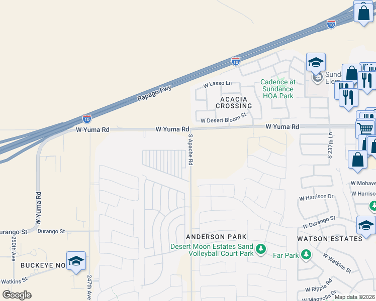 map of restaurants, bars, coffee shops, grocery stores, and more near 1500 South Apache Road in Buckeye