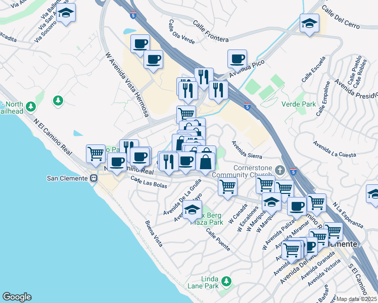 map of restaurants, bars, coffee shops, grocery stores, and more near 107 Calle Bonito in San Clemente
