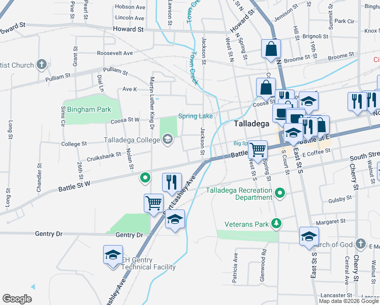 map of restaurants, bars, coffee shops, grocery stores, and more near 510 North Street West in Talladega