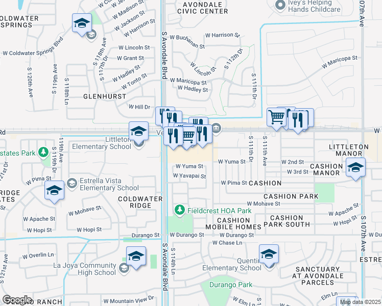 map of restaurants, bars, coffee shops, grocery stores, and more near 11425 West Buckeye Road in Avondale