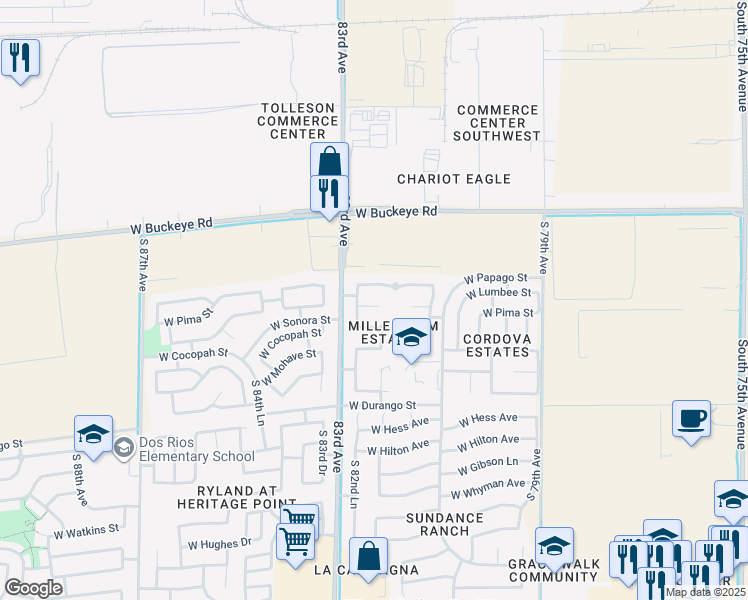 map of restaurants, bars, coffee shops, grocery stores, and more near 8233 West Lumbee Street in Phoenix