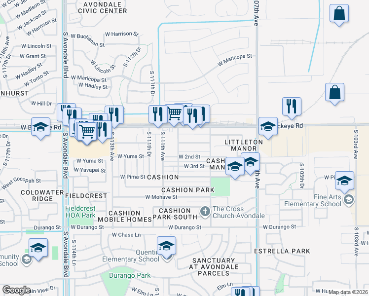 map of restaurants, bars, coffee shops, grocery stores, and more near 10952 West 2nd Street in Avondale
