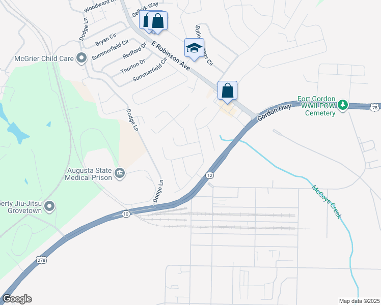 map of restaurants, bars, coffee shops, grocery stores, and more near 1305 York Drive in Grovetown