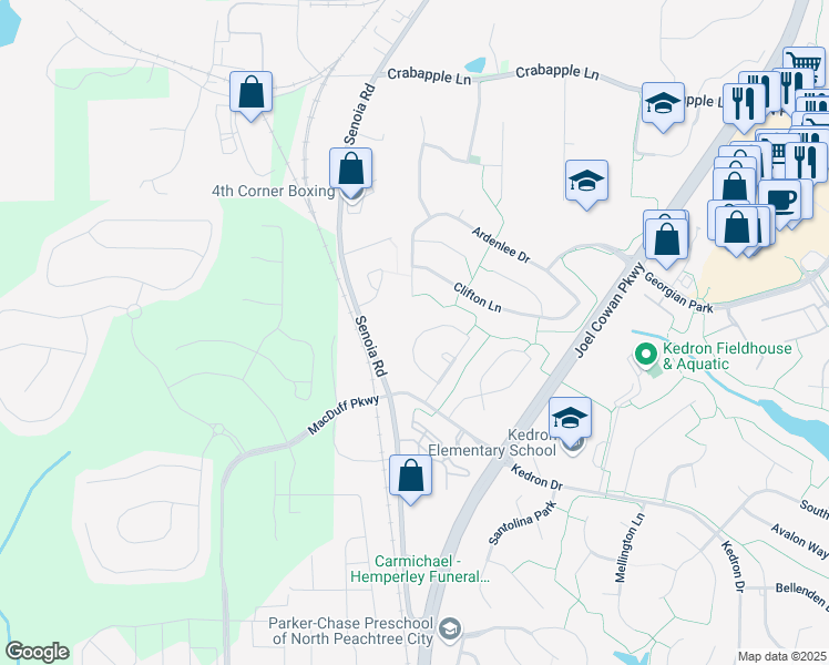 map of restaurants, bars, coffee shops, grocery stores, and more near 318 Vendella Circle in Peachtree City
