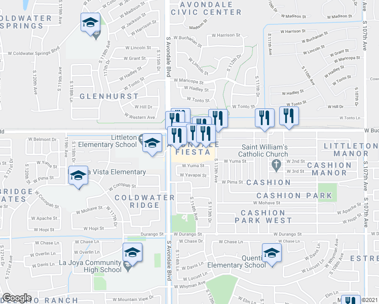 map of restaurants, bars, coffee shops, grocery stores, and more near 11435 West Buckeye Road in Avondale