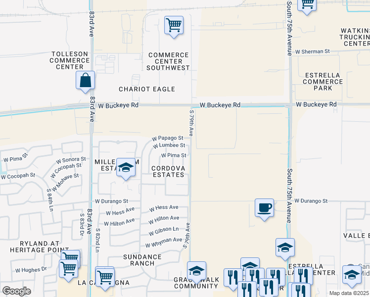 map of restaurants, bars, coffee shops, grocery stores, and more near 7911 West Lumbee Street in Phoenix