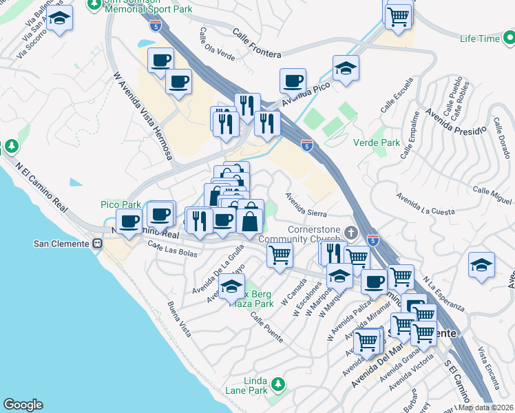 map of restaurants, bars, coffee shops, grocery stores, and more near 163 Calle Redondel in San Clemente
