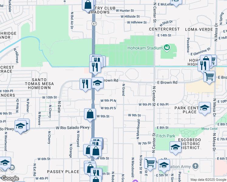 map of restaurants, bars, coffee shops, grocery stores, and more near 245 West 10th Place in Mesa