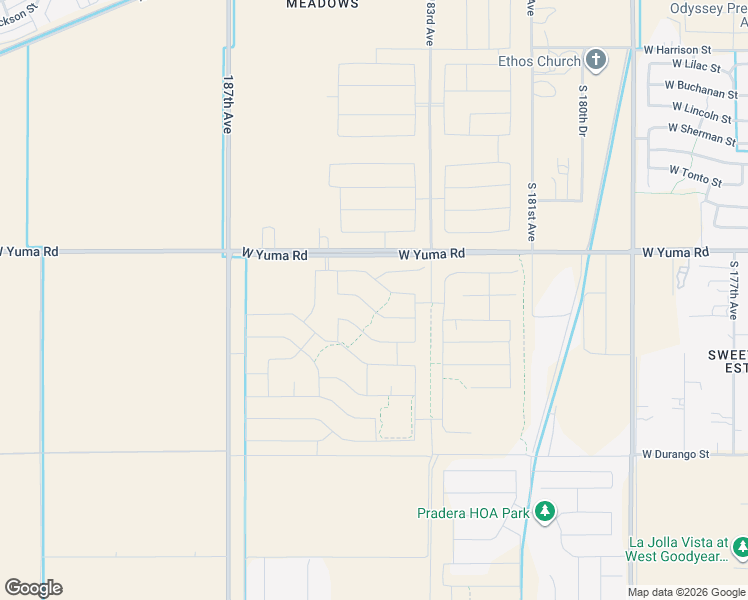 map of restaurants, bars, coffee shops, grocery stores, and more near 18293-18485 West Yuma Road in Goodyear