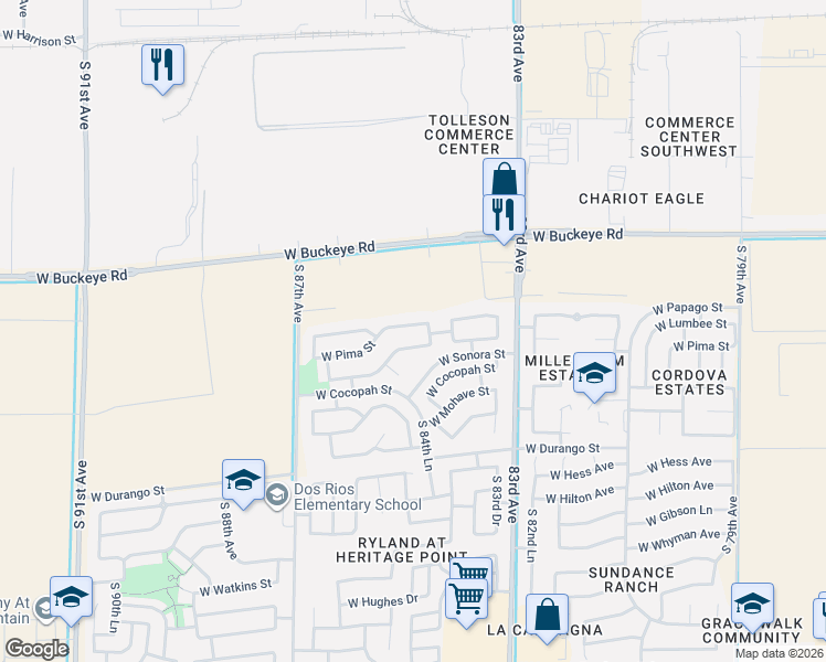 map of restaurants, bars, coffee shops, grocery stores, and more near 8406 West Sonora Street in Tolleson