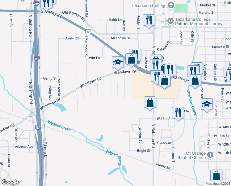 map of restaurants, bars, coffee shops, grocery stores, and more near 1704 Waverly Street in Texarkana