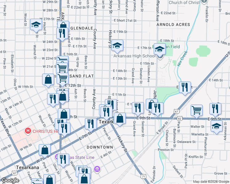 map of restaurants, bars, coffee shops, grocery stores, and more near 1002 Locust Street in Texarkana
