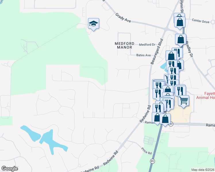 map of restaurants, bars, coffee shops, grocery stores, and more near 225 Hunters Glen in Fayetteville