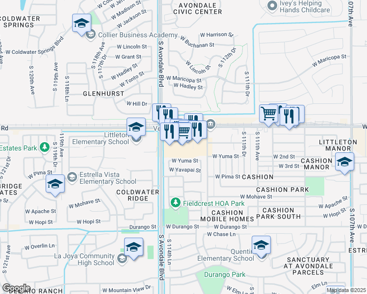 map of restaurants, bars, coffee shops, grocery stores, and more near 11425 West Buckeye Road in Avondale