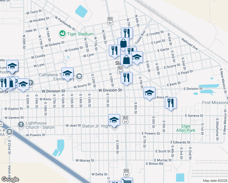 map of restaurants, bars, coffee shops, grocery stores, and more near 635 South 10th Street in Slaton