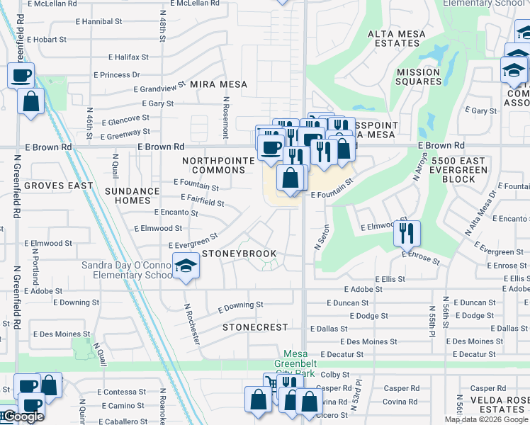 map of restaurants, bars, coffee shops, grocery stores, and more near 5060 East Enrose Circle in Mesa