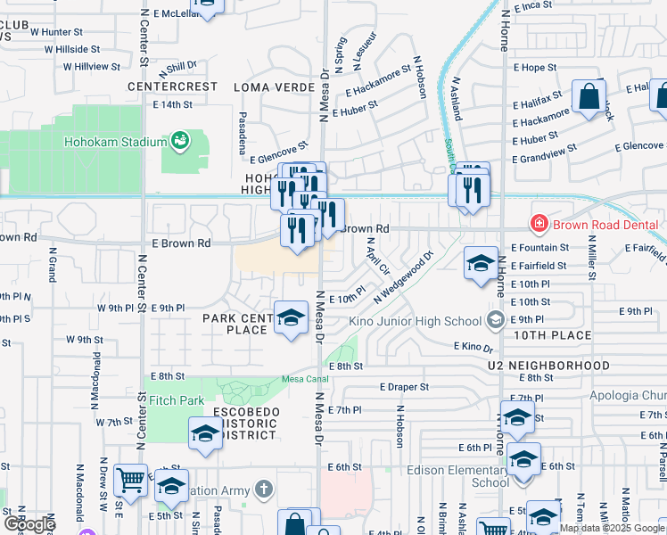map of restaurants, bars, coffee shops, grocery stores, and more near 422 East Fairfield Street in Mesa