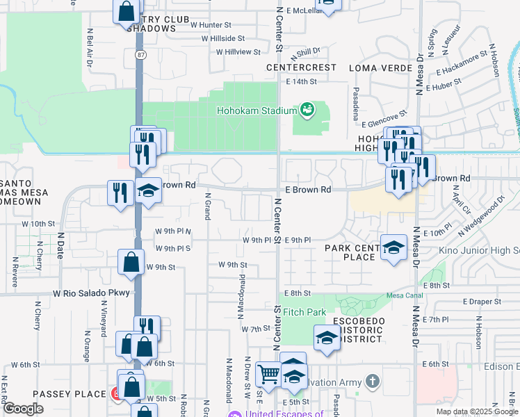 map of restaurants, bars, coffee shops, grocery stores, and more near 35 West Brown Road in Mesa