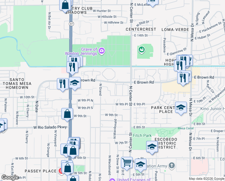 map of restaurants, bars, coffee shops, grocery stores, and more near 155 West Brown Road in Mesa