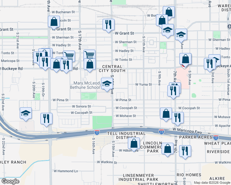map of restaurants, bars, coffee shops, grocery stores, and more near 1440 South 14th Avenue in Phoenix