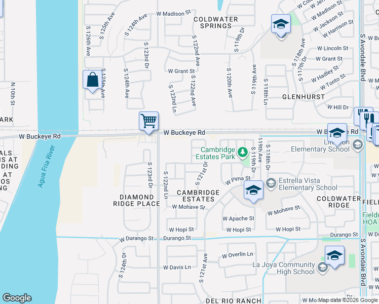 map of restaurants, bars, coffee shops, grocery stores, and more near 12202 West Flanagan Street in Avondale