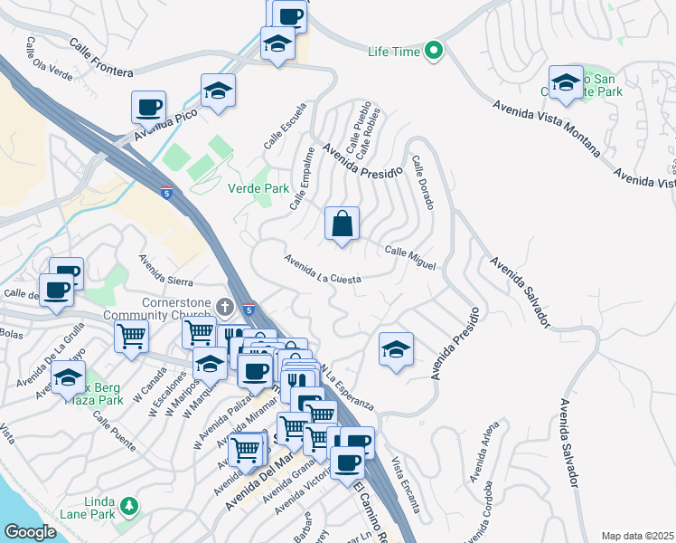 map of restaurants, bars, coffee shops, grocery stores, and more near 239 Avenida La Cuesta in San Clemente