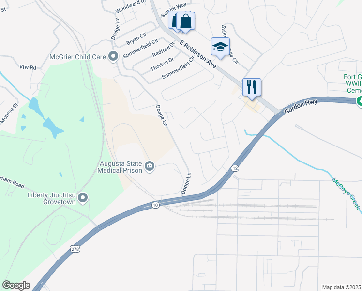 map of restaurants, bars, coffee shops, grocery stores, and more near 1134 Dodge Lane in Grovetown
