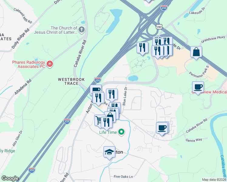 map of restaurants, bars, coffee shops, grocery stores, and more near 4704 Colonnade Place in Birmingham