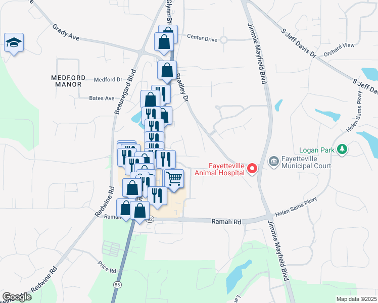 map of restaurants, bars, coffee shops, grocery stores, and more near 765 Fayetteville in Fayetteville