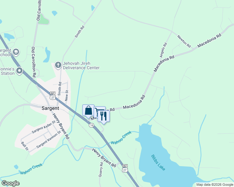 map of restaurants, bars, coffee shops, grocery stores, and more near 134 Ridgeview Drive in Newnan