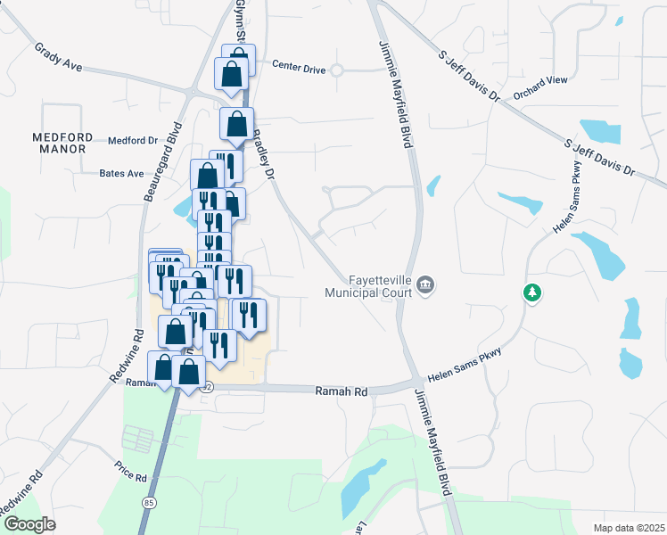 map of restaurants, bars, coffee shops, grocery stores, and more near 660 Bradley Dr in Fayetteville