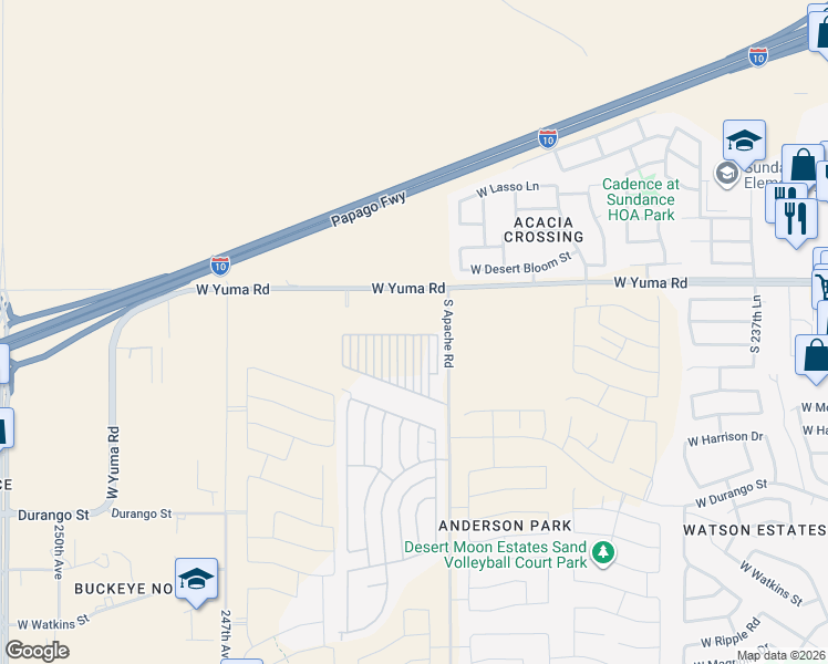 map of restaurants, bars, coffee shops, grocery stores, and more near 1500 South Apache Road in Buckeye