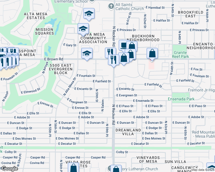 map of restaurants, bars, coffee shops, grocery stores, and more near 951 North Shannon in Mesa
