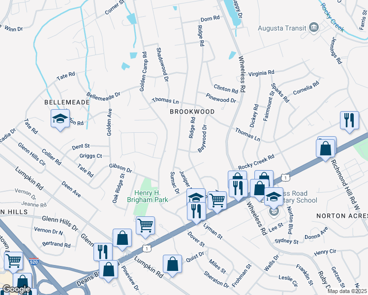 map of restaurants, bars, coffee shops, grocery stores, and more near 3021 Baywood Drive in Augusta