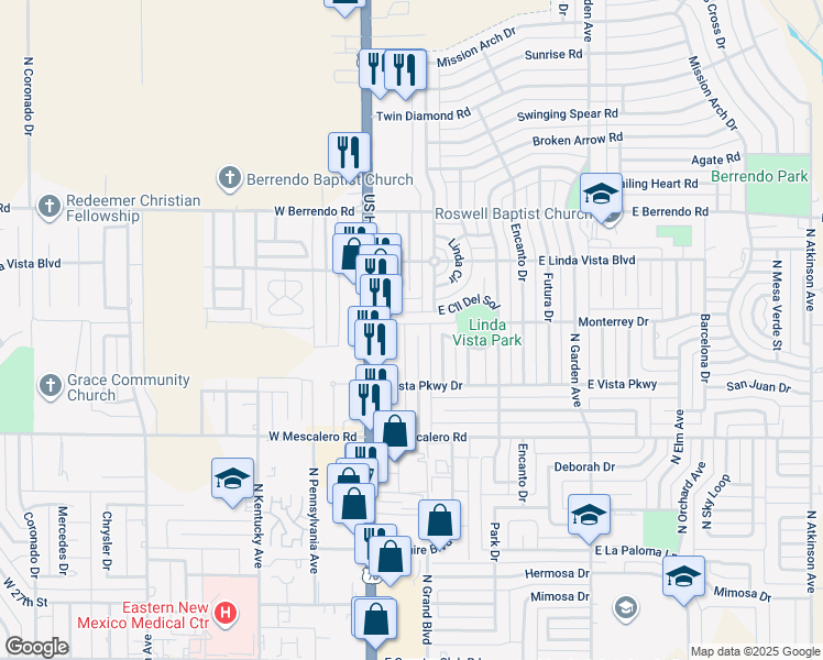 map of restaurants, bars, coffee shops, grocery stores, and more near 3020 North Alhambra Drive in Roswell
