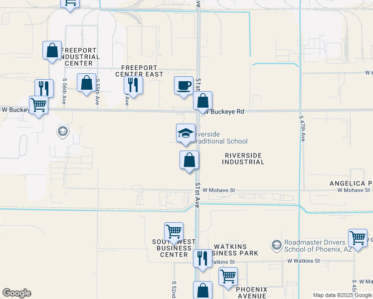 map of restaurants, bars, coffee shops, grocery stores, and more near 1414 South 51st Avenue in Phoenix