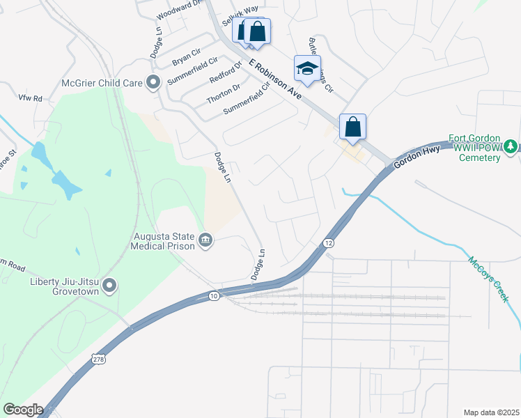 map of restaurants, bars, coffee shops, grocery stores, and more near 1327 York Drive in Grovetown