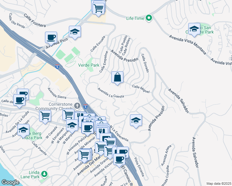 map of restaurants, bars, coffee shops, grocery stores, and more near 239 Avenida La Cuesta in San Clemente