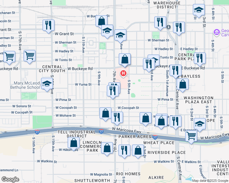 map of restaurants, bars, coffee shops, grocery stores, and more near 1450 South 7th Avenue in Phoenix