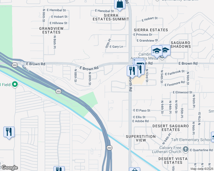 map of restaurants, bars, coffee shops, grocery stores, and more near 1007 North 90th Circle in Mesa