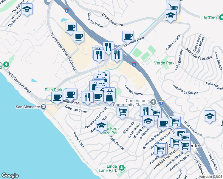 map of restaurants, bars, coffee shops, grocery stores, and more near 160 Calle Redondel in San Clemente