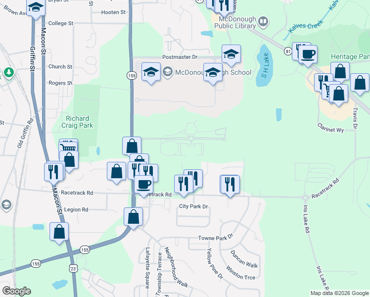 map of restaurants, bars, coffee shops, grocery stores, and more near 100 Greystone Dr in McDonough