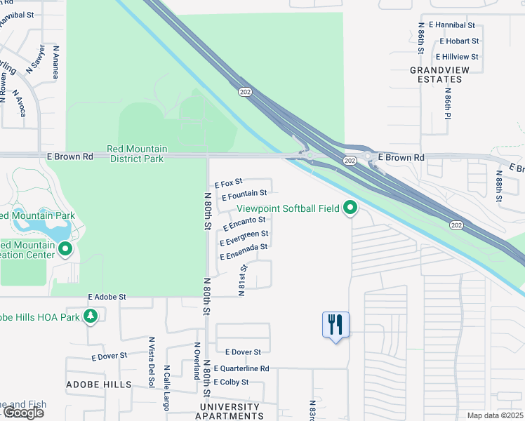 map of restaurants, bars, coffee shops, grocery stores, and more near 8141 East Fairfield Street in Mesa