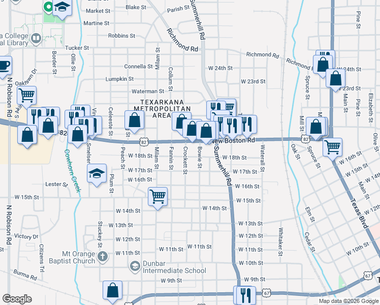map of restaurants, bars, coffee shops, grocery stores, and more near 1907 West 18th Street in Texarkana