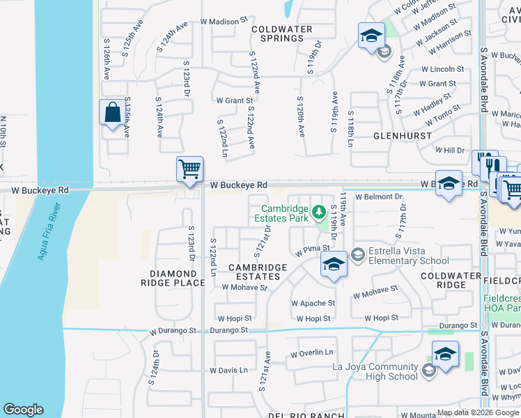 map of restaurants, bars, coffee shops, grocery stores, and more near 1326 South 121st Drive in Avondale