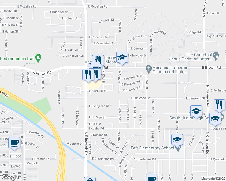 map of restaurants, bars, coffee shops, grocery stores, and more near N 93rd Pl in Mesa