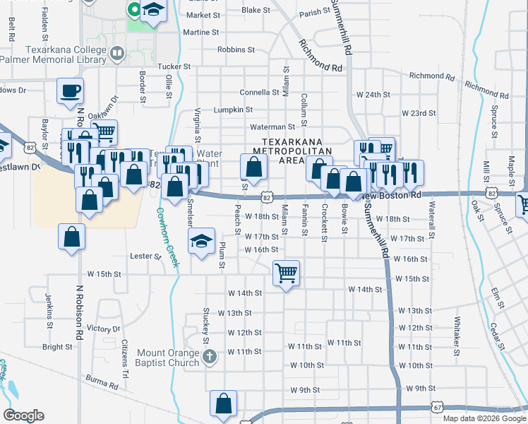 map of restaurants, bars, coffee shops, grocery stores, and more near 2301 West 18th Street in Texarkana